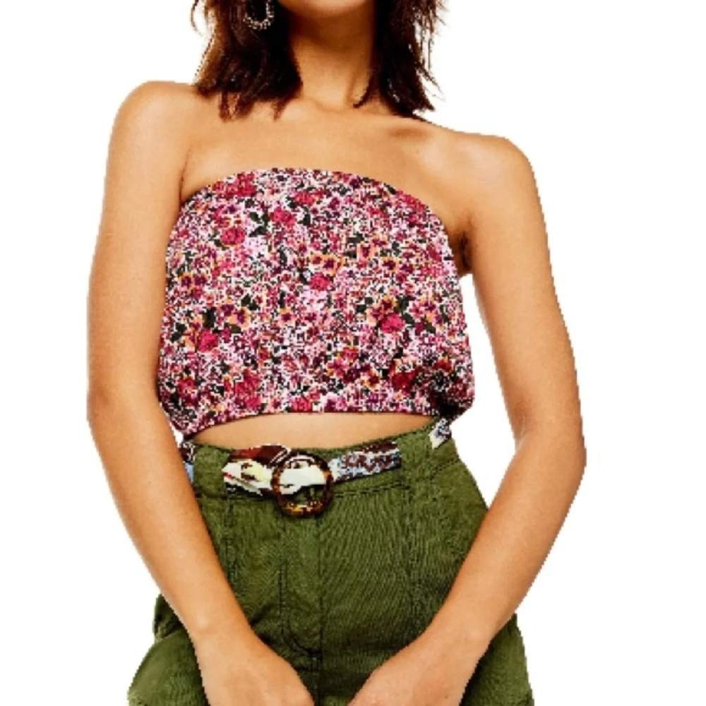 Topshop Womens Pink Floral Bandeau Crop Top Strapless Ditsy Rose Cotton Size 4
